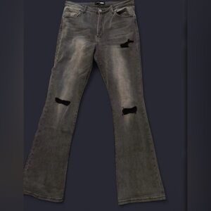 Fashion Nova Grey Distressed Denim Flare Jeans with Black Patches Size-large